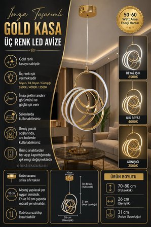 DMR Sarmal Büyük İmza Sarkıt Led Avize ALTIN (GOLD) Kasa 50w 220 Volt Üç Renk 6500k/4000k/3000k (Beyaz /Ilık Beyaz/Sarı (Günışığı)