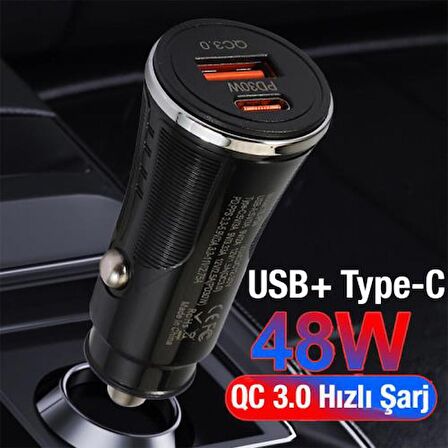 Coofbe Turbo Şarj Akım Korumalı 48W Araç Şarjı USB +Type-C Girişli QC3.0 Araç Çakmaklık Şarj Başlığı