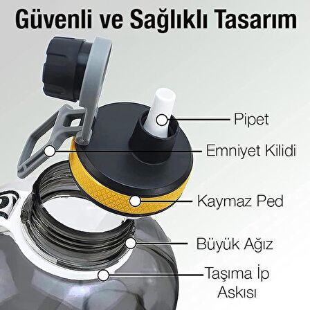 Coofbe 2200 ml Su Matarası Bpa İçermez Su Matarası Suluk Taşıma İpli Pipetli Emniyet Kilitli Matara