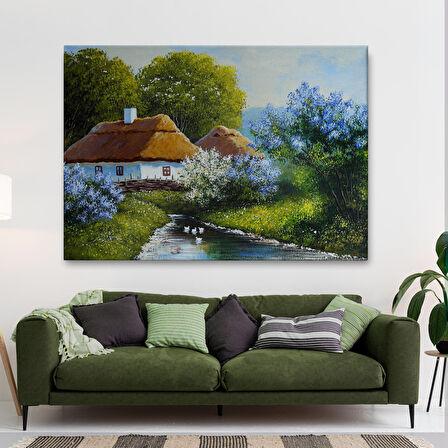 Akarsu Kenarındaki Köy Evi Yağlıboya Dekoratif Kanvas Duvar Tablosu-3637