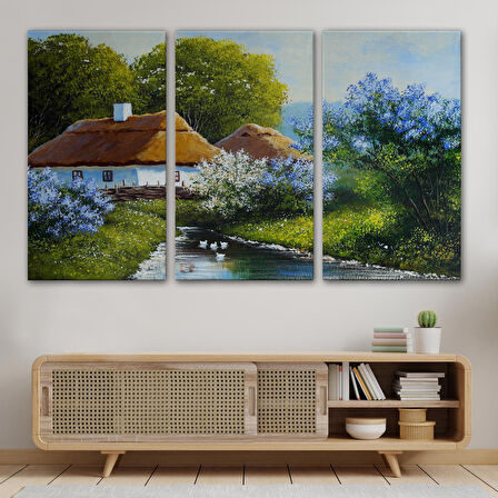 Akarsu Kenarındaki Köy Evi Yağlıboya Dekoratif Kanvas Duvar Tablosu-3637