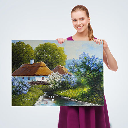 Akarsu Kenarındaki Köy Evi Yağlıboya Dekoratif Kanvas Duvar Tablosu-3637