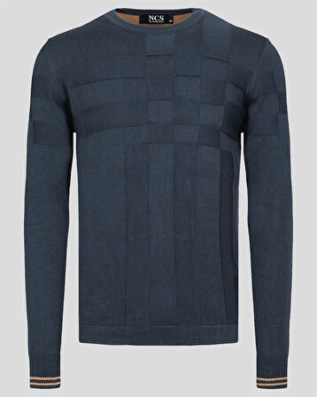 Erkek Kazak Bisiklet Yaka Lacivert Desenli Slim Fit Triko NCS JEANS 3638