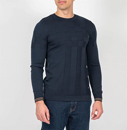 Erkek Kazak Bisiklet Yaka Lacivert Desenli Slim Fit Triko NCS JEANS 3638