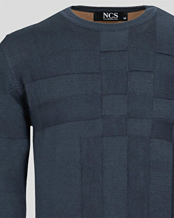 Erkek Kazak Bisiklet Yaka Lacivert Desenli Slim Fit Triko NCS JEANS 3638