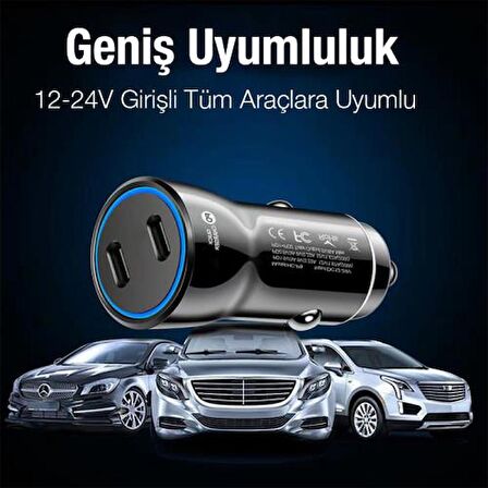 Coofbe 60W Turbo Araç Şarjı 2 Type-c Girişli Şarj Akım Korumalı Araç Çakmaklık Şarjı 12v-24v Araç Şarj