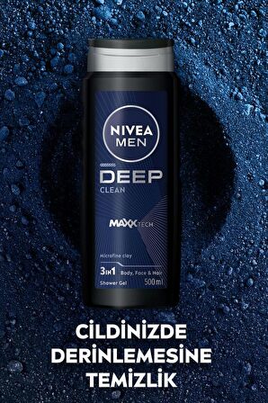 NIVEA MEN Erkek Deep Dimension Duş Jeli 500ml, 3ü1 Arada Komple Bakım, Vücut Saç Yüz, Erkeksi Koku, X2 Adet