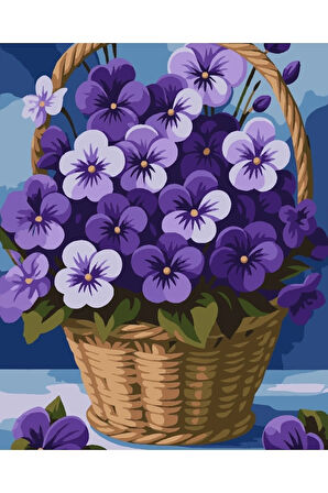 Sayılarla Boyama Seti 40x50 Cm (Çıtalı) Fırça Boya Dahil Numaralı Tuval Sepet Mor Çiçekler