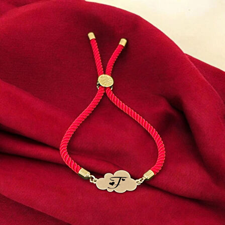 F Harfine Özel İpek Örgülü Bulut Figürlü 14 Ayar Altın Plakalı Hediye Bileklik-364harf-kırmızı