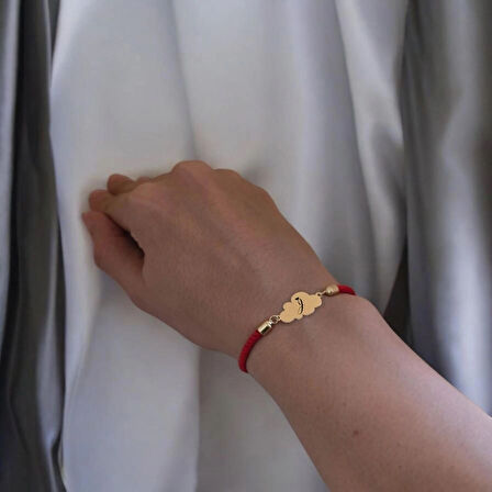 J Harfine Özel İpek Örgülü Bulut Figürlü 14 Ayar Altın Plakalı Hediye Bileklik-364harf-kırmızı