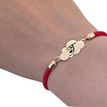 T Harfine Özel 14 Ayar Altın Plakalı İpek Örgülü Bulut Figürlü Hediye Bileklik-364harf-kırmızı