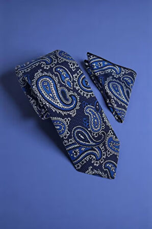 Şal Desen Mavi Kravat & Mendil