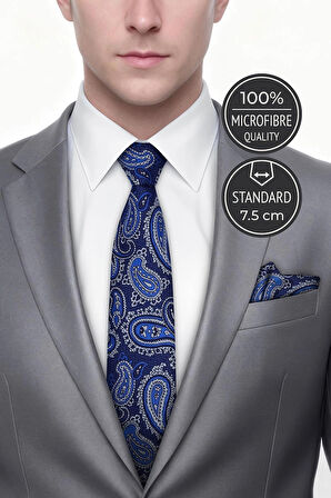 Şal Desen Mavi Kravat & Mendil