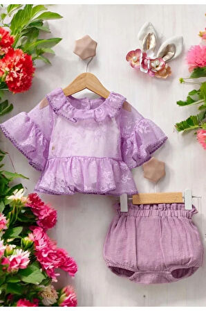 Kız Bebek Tül Detaylı Şortlu Taçlı 3'lü Takım