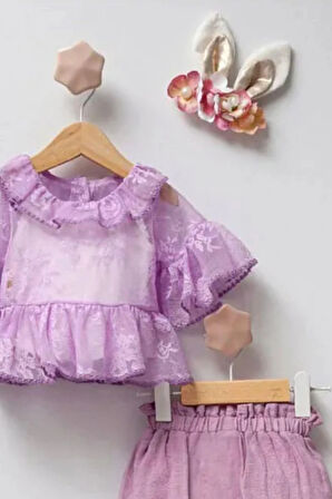 Kız Bebek Tül Detaylı Şortlu Taçlı 3'lü Takım