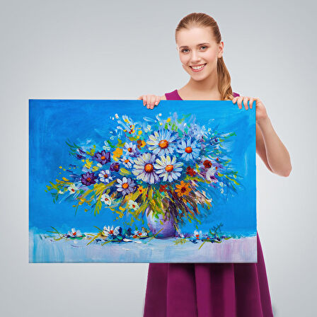 Vazodaki Çiçekler Yağlıboya Görünüm Dekoratif Kanvas Duvar Tablosu-3641