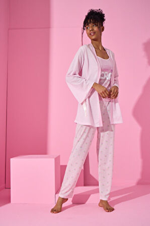 Arca Pembe Renk Kadın Sabahlıklı İp Askılı Pijama Takımı