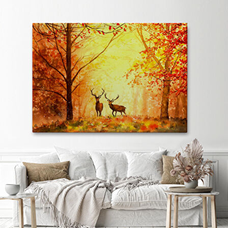 Sonbahar Ve Ormandaki Geyikler Yağlıboya Görünüm Dekoratif Tablo-3643