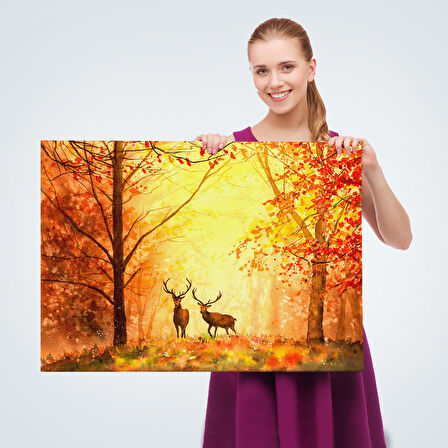 Sonbahar Ve Ormandaki Geyikler Yağlıboya Görünüm Dekoratif Tablo-3643