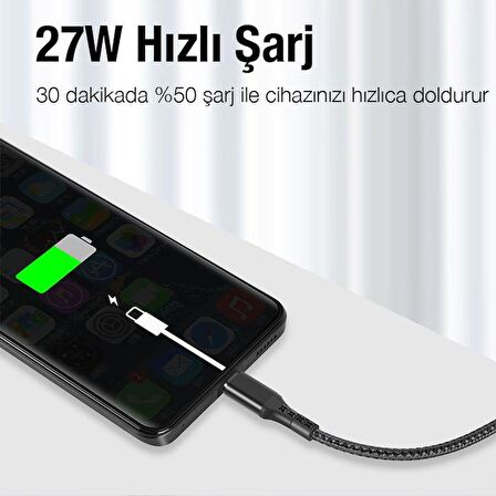  Coofbe 1Mt Turbo Şarj 27W Type-C to iPhone Şarj Kablosu İphone 11 12 13 14 Pro Max Şarj Kablosu
