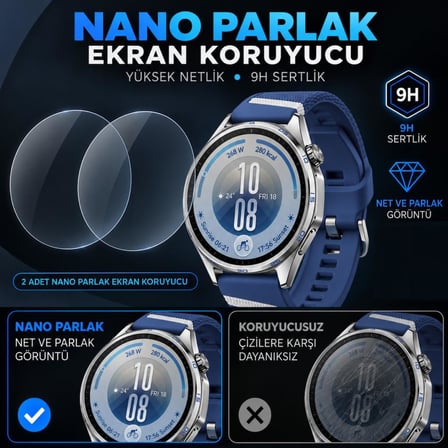 Huawei Watch GT 7 46mm İle Uyumlu Ekran Koruyucu Nano Parlak, 9H Kırılmaz Esnek Cam, Çizilmeye Dayanıklı, HD Şeffaf 2 Adet