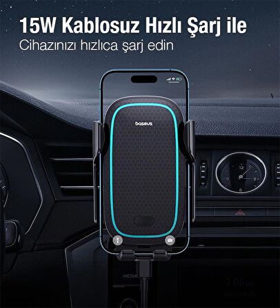 Baseus Super Araç Şarjı Led Işıklı Otomatik Kilitleme Kablosuz 15W Araç Şarjı Araç Telefon Tutucu