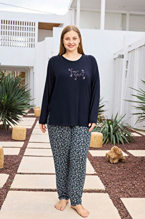Aydoğan Kadın inci Büyük Beden Lacivert Pijama Takımı 0495