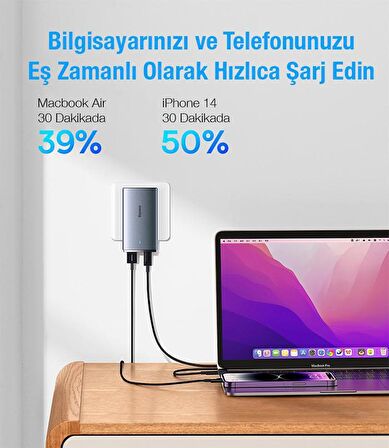 Baseus Super Şarj Ultra İnce 65W Şarj Adaptörü ve 100W Type C Kablo Laptop Notebook Macbook Şarj Seti 