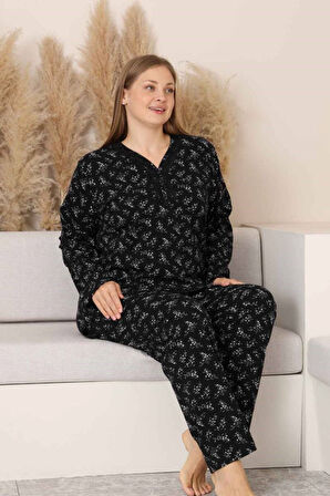 Siyah Çiçekli Dantel Detaylı V Yaka Düğmeli Mevsimlik Pamuk Likra Uzun Kol Pijama Takımı-Geniş Kalıp