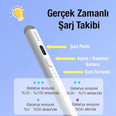 Baseus Led Işıklı Aktif Pasif Vers Avuç İçi Reddetme Şarjlı Kapasitif Stylus Tablet Dokunmatik Kalem