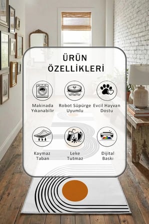 Alabora Dijital Baskılı Kaymaz Yıkanabilir Yolluk - Leke Tutmaz Antrasit