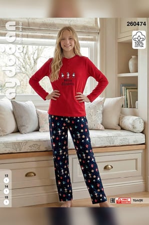 Aydoğan Genç Kız interlok Kırmızı Sırma Pijama Takımı 0474