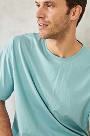 Erkek Petrol Oversize Bol Kesim Bisiklet Yaka %100 Pamuk Tişört