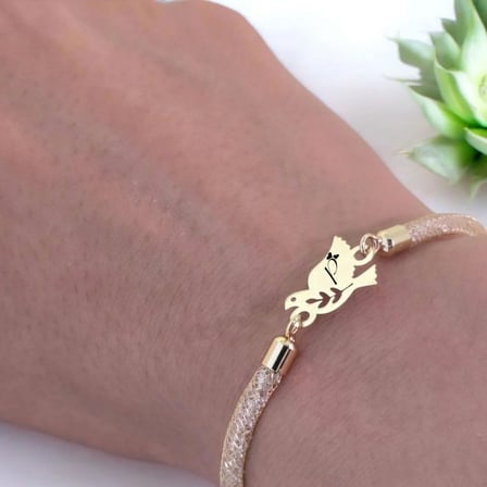 14 Ayar Altın Plakalı P Harfine Özel Kuş Motifli Hasır Kordonlu Hediye Bileklik-365