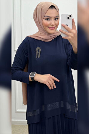 Elele Kadın Siena Kombinli Sandy Oval Tasarım Lacivert Bluz Etek Takım