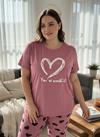 KADIN PEMBE KALP DETAYLI PİJAMA TAKIMI