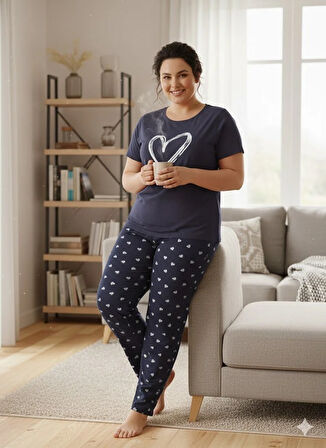 KADIN SİYAH KALP DETAYLI PİJAMA TAKIMI