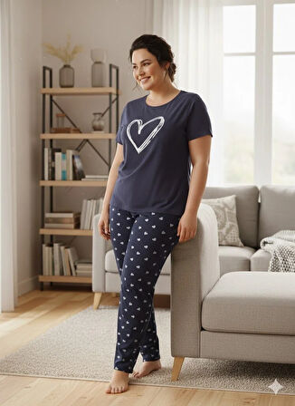 KADIN SİYAH KALP DETAYLI PİJAMA TAKIMI