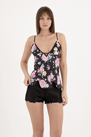 Çiçekli Siyah Askılı Kolsuz Saten Şortlu Pijama Takımı