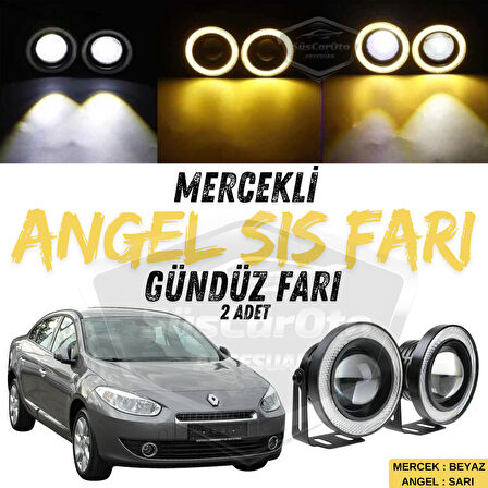 Renault Fluence 2009-2016 Uyumlu Üniversal Mercekli Angel Sis Farı Metal Su Geçirmez 76 mm Sarı Halkalı Gündüz Farı Angel Eyes 2 Adet