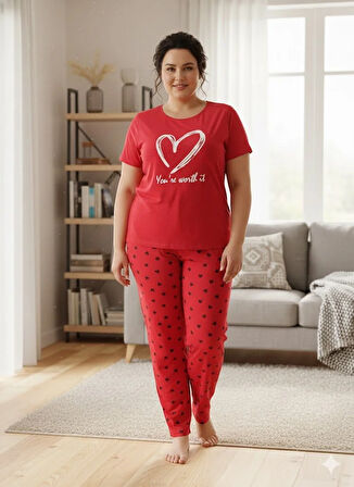 KADIN KIRMIZIKALP DETAYLI PİJAMA TAKIMI