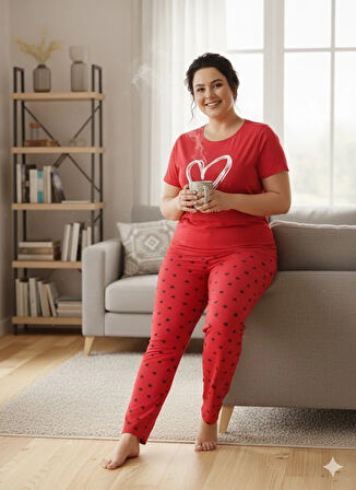 KADIN KIRMIZIKALP DETAYLI PİJAMA TAKIMI