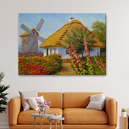 Köy Evi Manzarası Yağlıboya Görünüm Dekoratif Kanvas Duvar Tablosu-3654