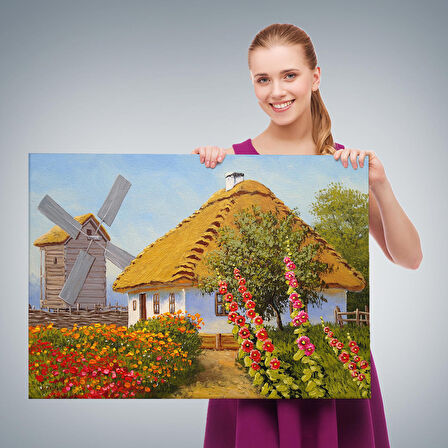 Köy Evi Manzarası Yağlıboya Görünüm Dekoratif Kanvas Duvar Tablosu-3654