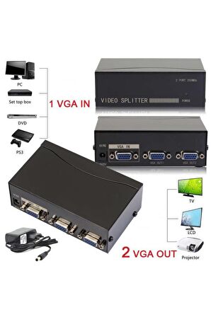 2 Port Vga Çoklayıcı Splitter 1 in 2 Out Çoklu Ekran Adaptörlü