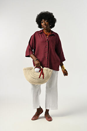 KADIN %100 KETEN TRUVAKAR KOLLU DÜZ RENK TEK CEPLİ GÖMLEK