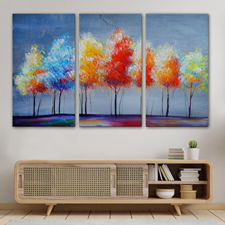 Renkli Ağaçlar Yağlıboya Görünüm Dekoratif Kanvas Duvar Tablosu-3656