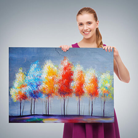 Renkli Ağaçlar Yağlıboya Görünüm Dekoratif Kanvas Duvar Tablosu-3656