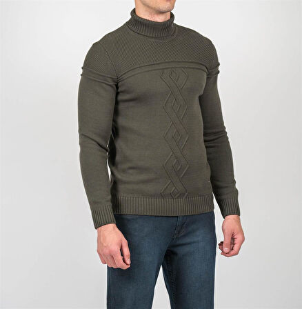 Erkek Triko Tam Boğazlı Örgü Desenli Haki Slim Fit Kazak NCS JEANS 3659 