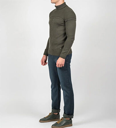 Erkek Triko Tam Boğazlı Örgü Desenli Haki Slim Fit Kazak NCS JEANS 3659 